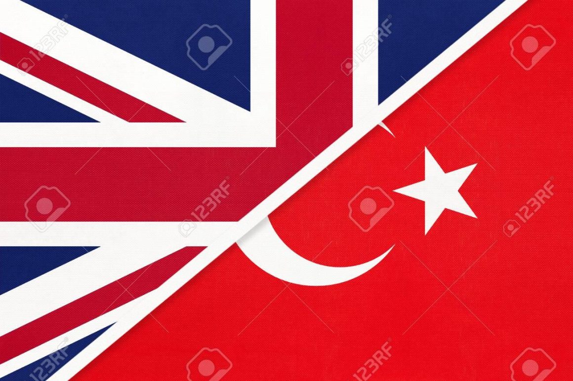 United Kingdom of Great Britain and Ireland vs Republic of Turkey national flag from textile. Relationship, partnership and economic between two european and asian countries.
